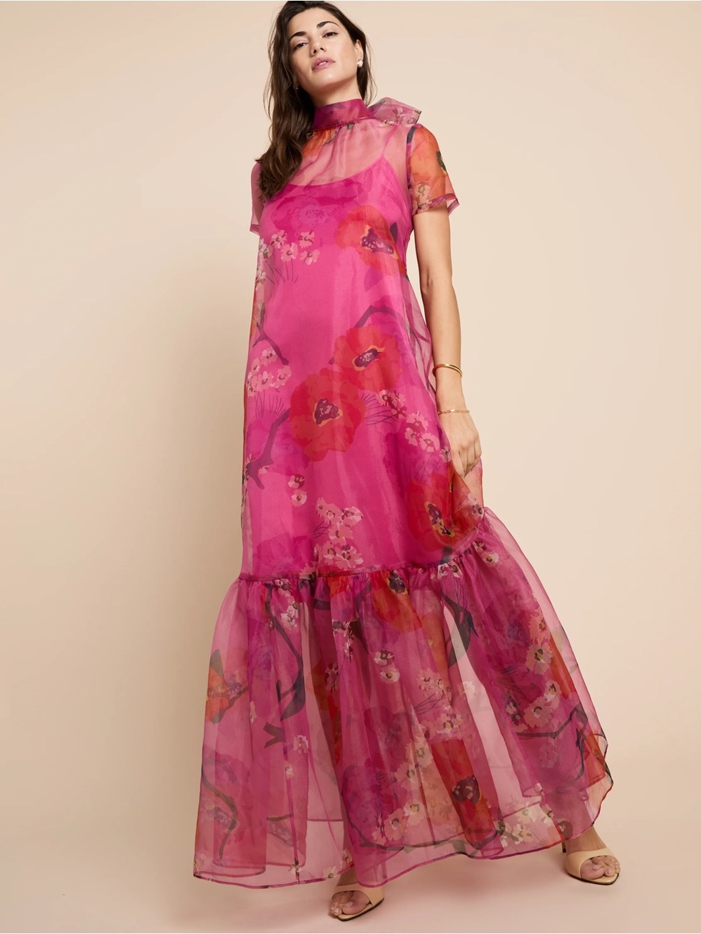CAARA x Few Moda Melody Organza Floral Maxi Dress Pink Tie Back NWT XLarge